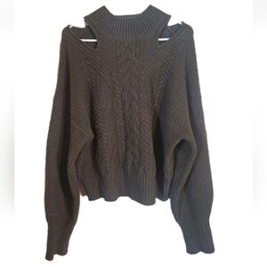 Express Cold Shoulder Green Cropped Chunky Cable Knit Sweater Womens Size L Boho